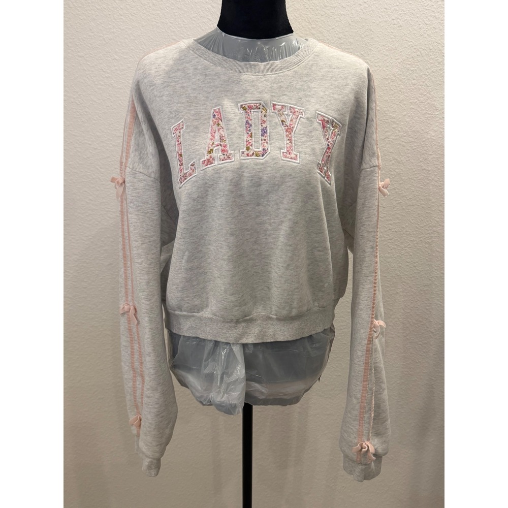 AS Revival Gray Lady Floral Applique Sweatshirt Pink Bow Sleeve Detail Size M